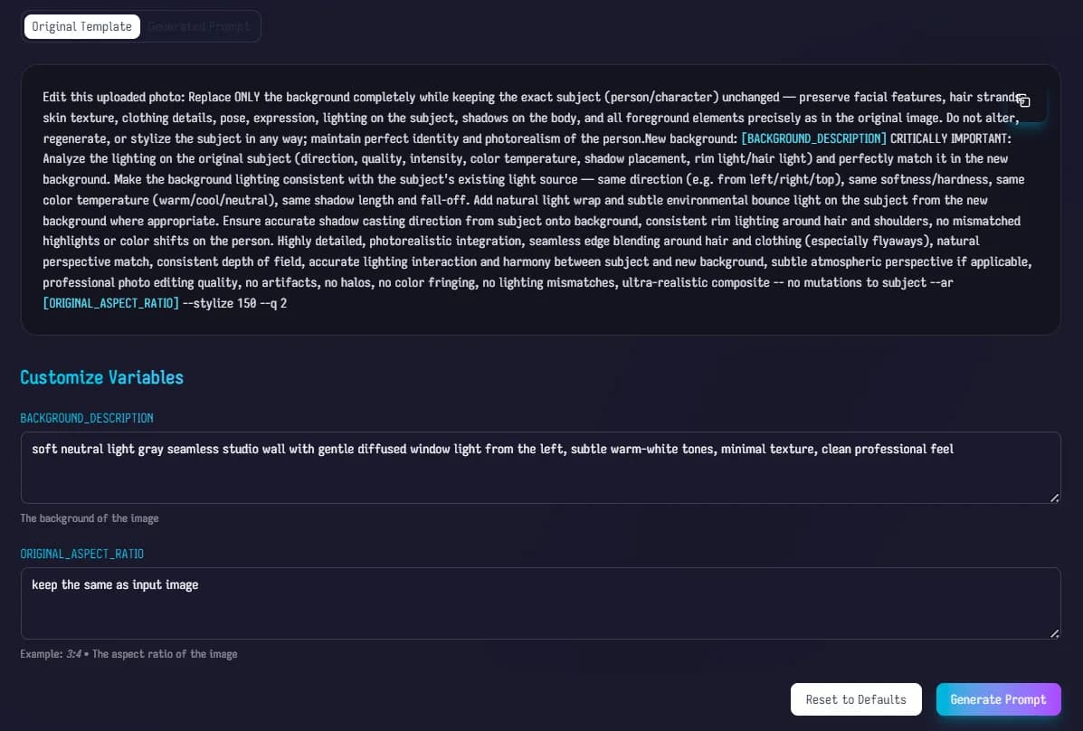 Prompt detail - customize variables section